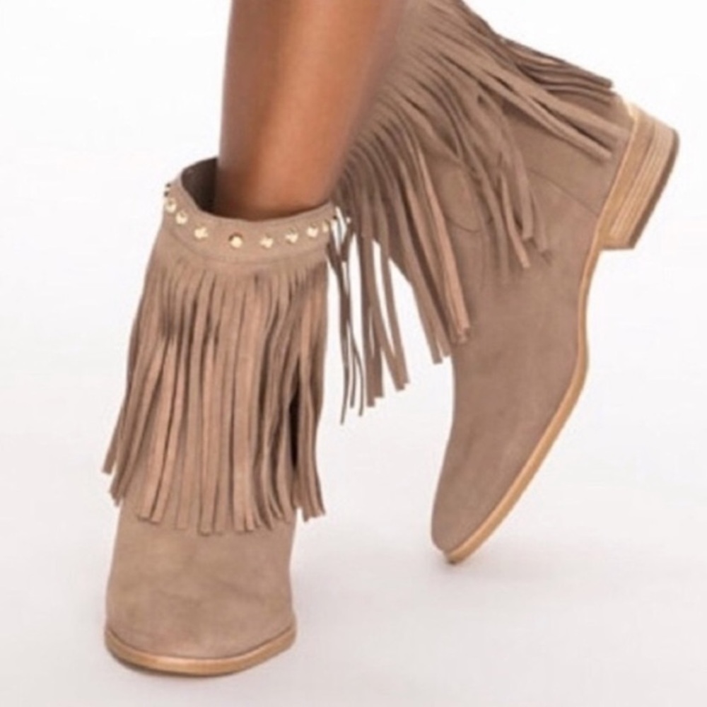 Michael Kors Billy Studded Fringe Suede Ankle Boots Tan Gold Western Size 6.5